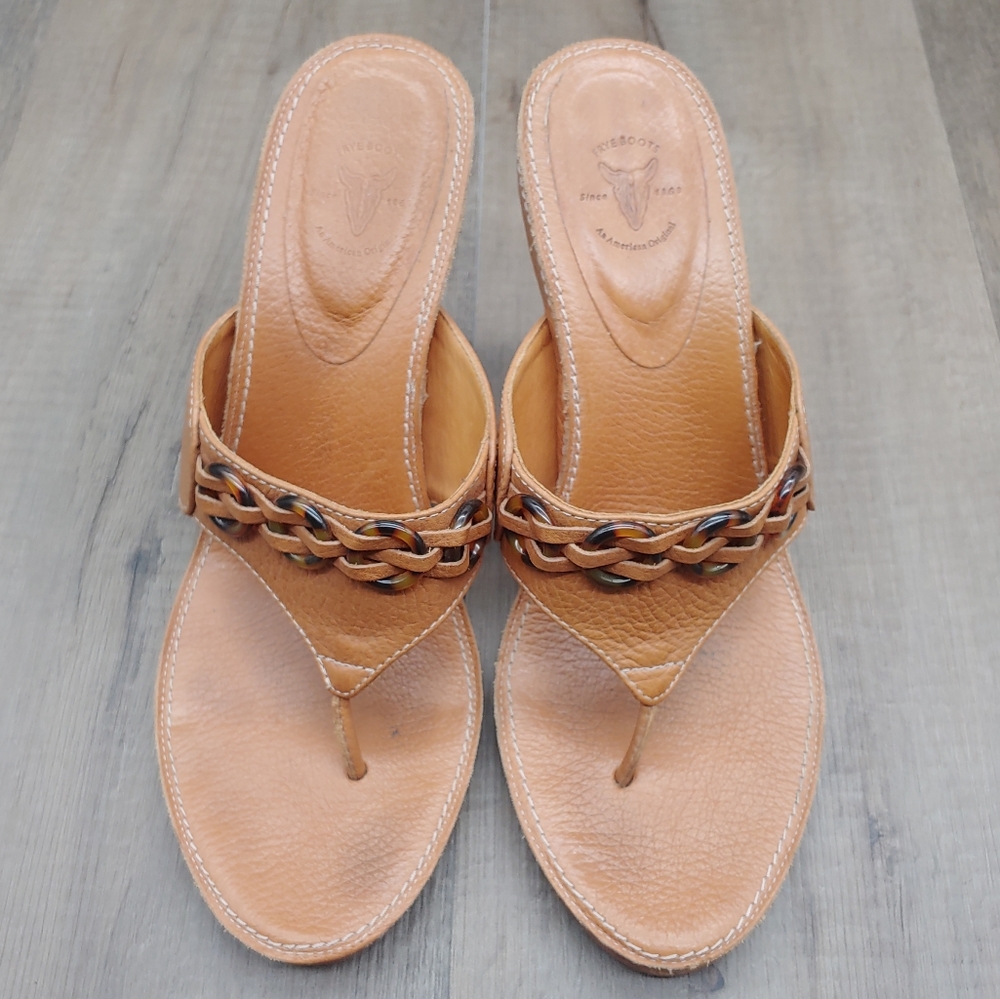 Frye Sandals Womens High Heel T Strap Open Toe Platform Wood Brown